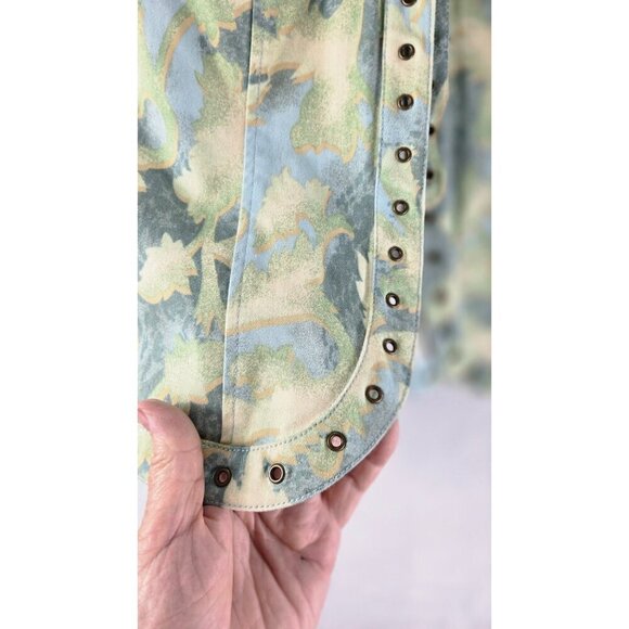 Denim Jacket 3/4 Sleeves L Multiples Pastel Blue Green Brass Accents Open Front - Picture 4 of 15